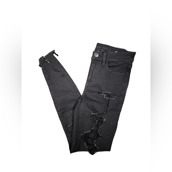 American Eagle Outfitters Black Hi Rise Distressed Jeans 2 Regular - Picture 5 of 6